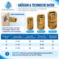 ONPIRA® Einbohrscharnier aus Messing – Ø12, Ø14 oder Ø16 mm – 180° Öffnungswinkel – Einsteckmontage – Rechts- oder Linksanschlag