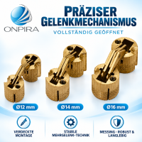 ONPIRA® Einbohrscharnier aus Messing – Ø12, Ø14 oder Ø16 mm – 180° Öffnungswinkel – Einsteckmontage – Rechts- oder Linksanschlag